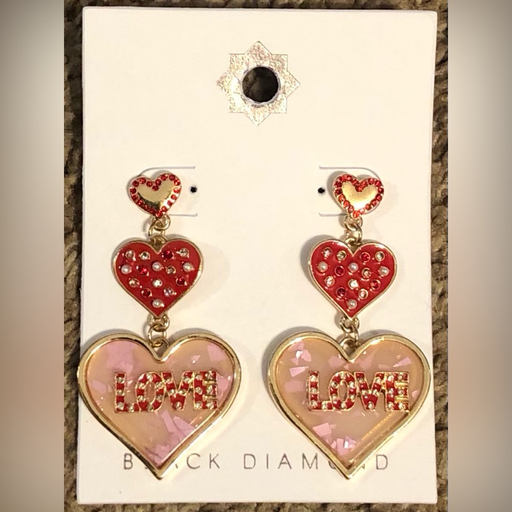 NEW-Heart Trio “Love” Dangle Post Earrings-Red, Pink, White & Gold Accents